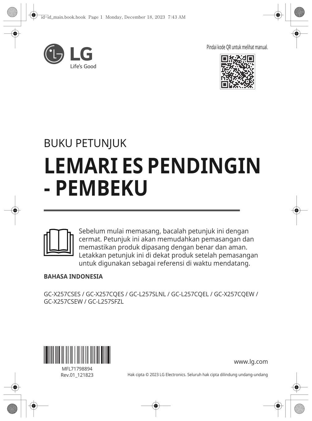 Halaman 1 Owner's Manual LG Kulkas InstaView Side by Side  674L/617L