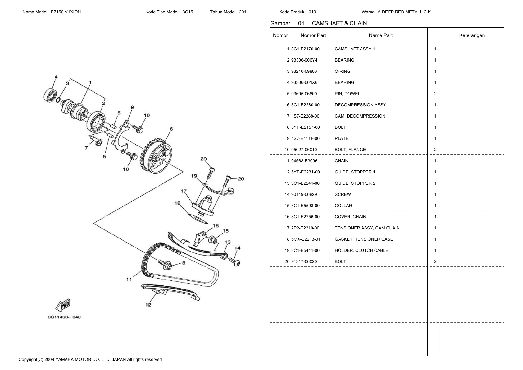 Gambar 04 CAMSHAFT & CHAIN Nomor Nomor Part Nama Part Keterangan — Halaman 1 Parts Catalog Yamaha V-IXION