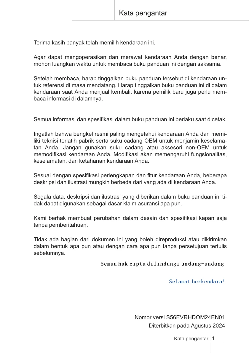 Kata Pengantar — Halaman 1 Owner's Manual Chery J6 2026