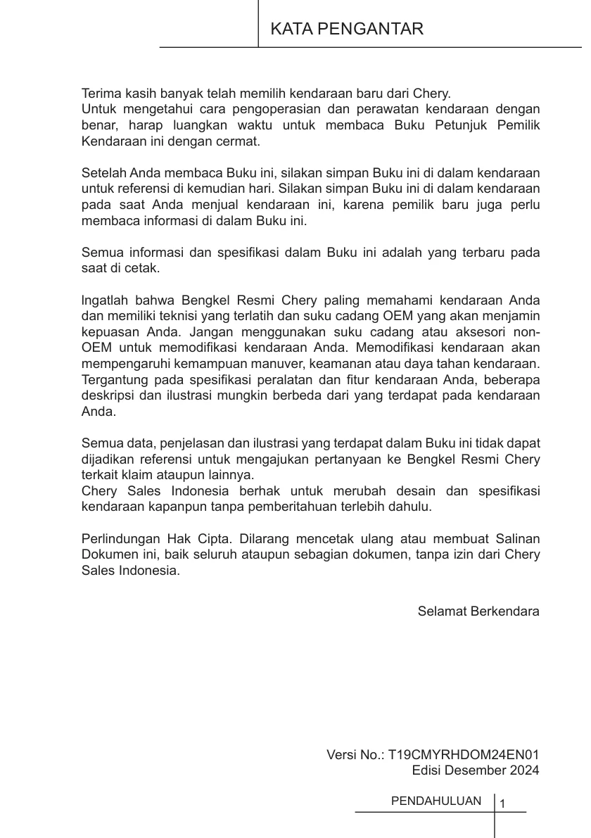 KATA PENGANTAR — Halaman 1 Owner's Manual Chery C5 2025