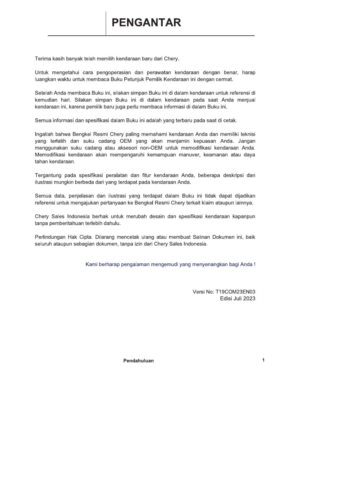 PENGANTAR — Halaman 1 Owner's Manual Chery OMODA 5