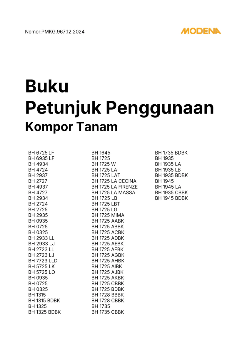 Halaman 1 Owner's Manual Modena Kompor Tanam 2025