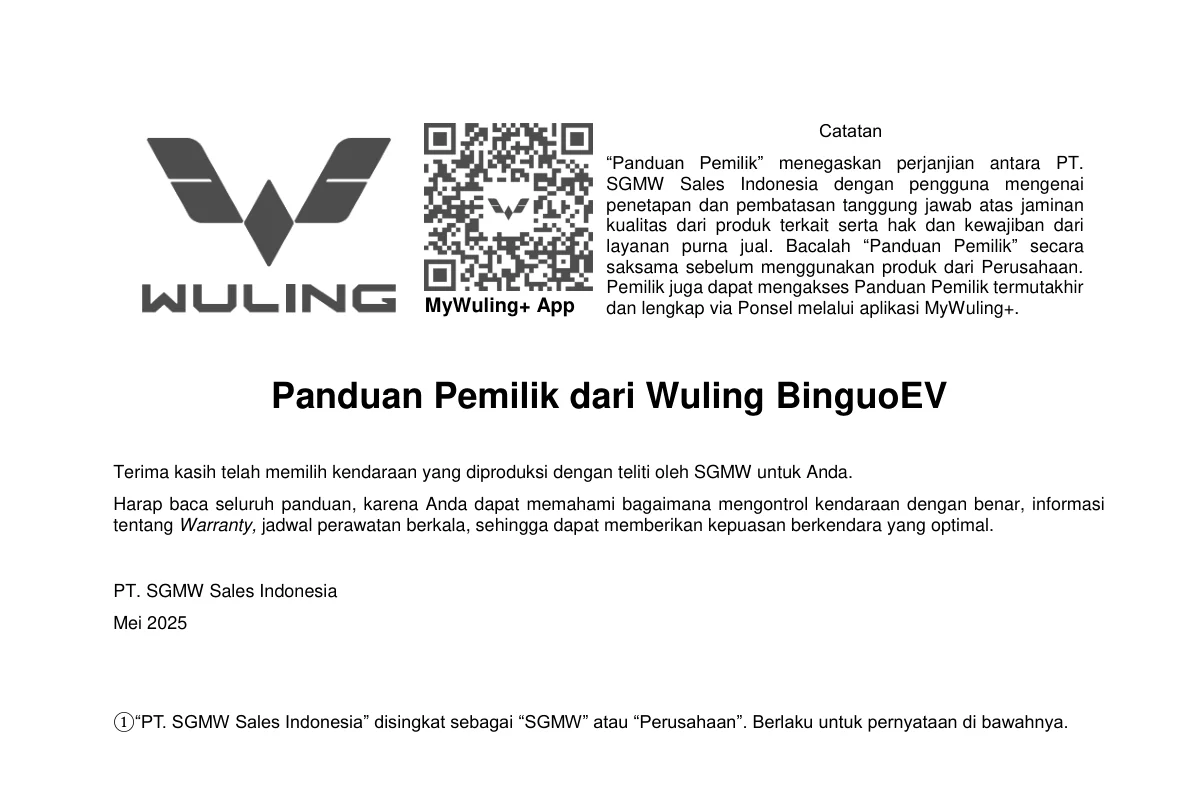Halaman 1 Owner's Manual Wuling Binguo EV 2025